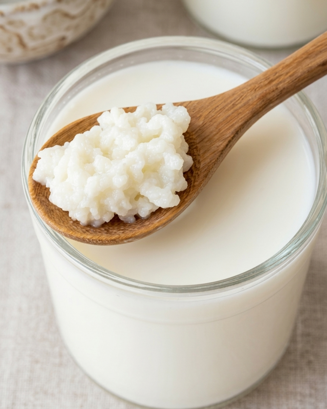 Cuchara de madera con gránulos de kéfir sobre un vaso de leche